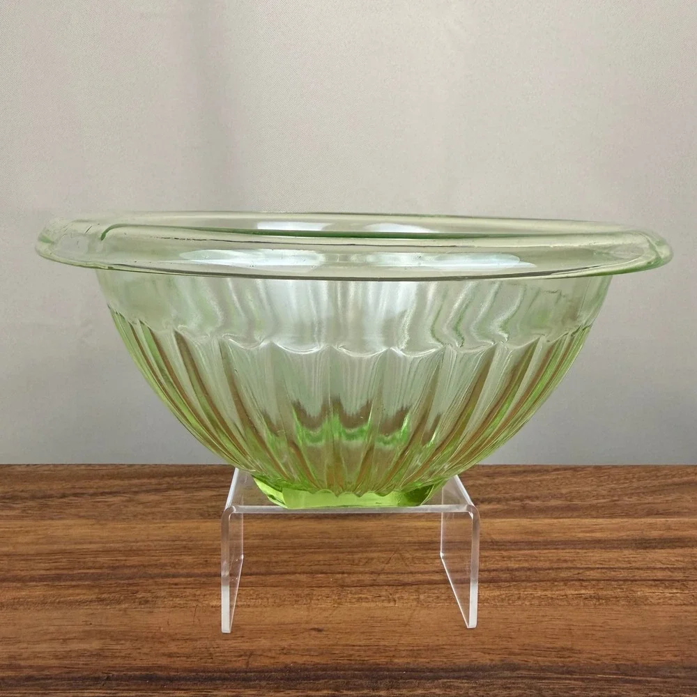 Vintage Hazel Atlas Uranium Glass Ribbed Mixing Bowl Green Depression Glass 8in